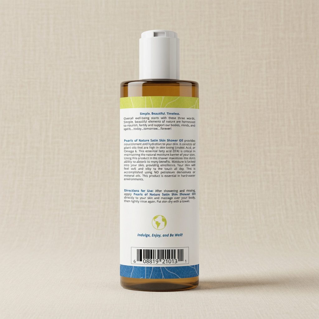 Satin Skin Shower Oil bottle showing product overview, directions, and barcode
