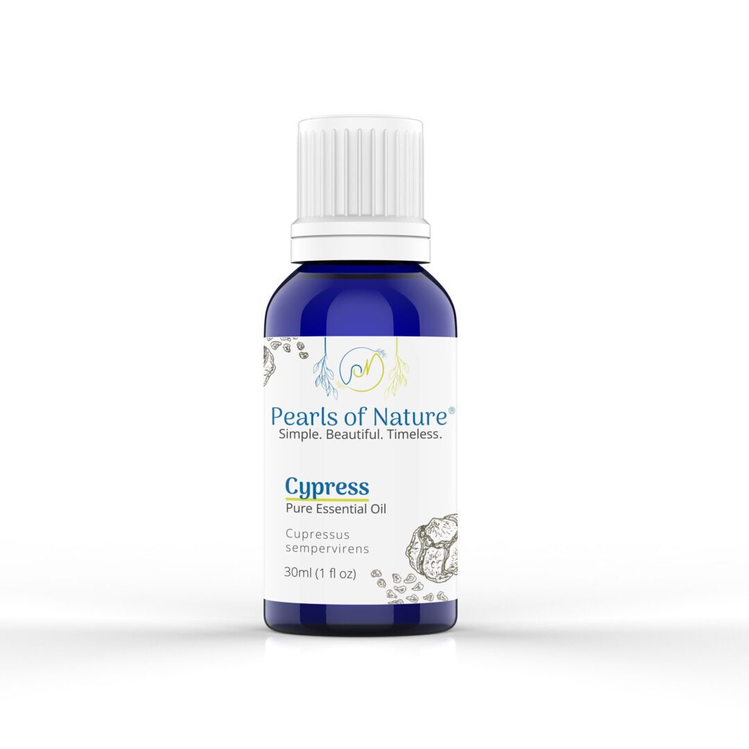 cypress essential oil 30 ml bottle with white background