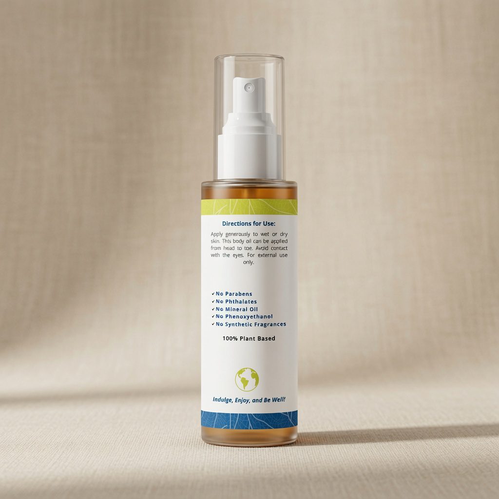 Satin Skin Body Oil bottle showing directions and plant-based product information
