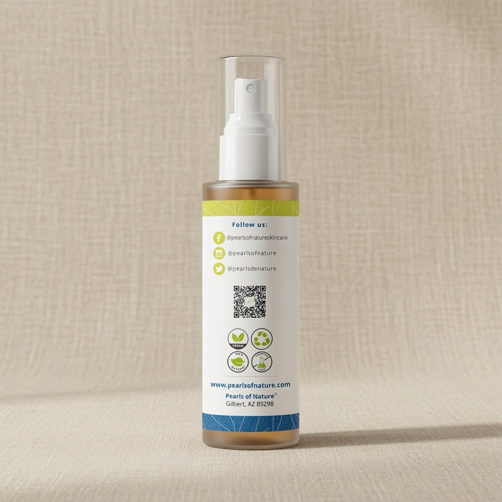 Satin Skin Body Oil bottle showing QR code and product certification icons