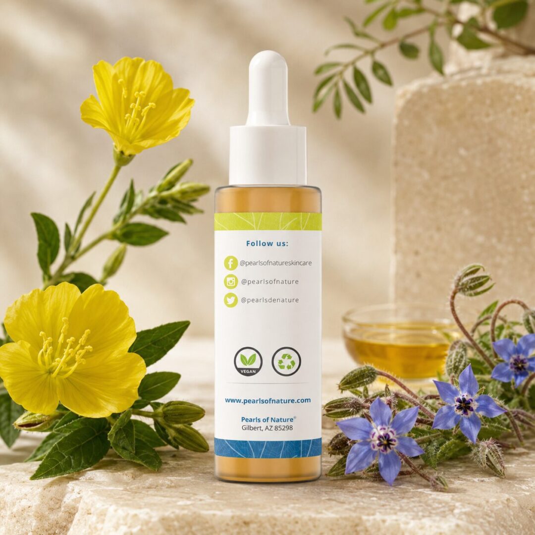 Back panel of Pearls of Nature Oil Cleansing Complex with evening primrose and borage flowers