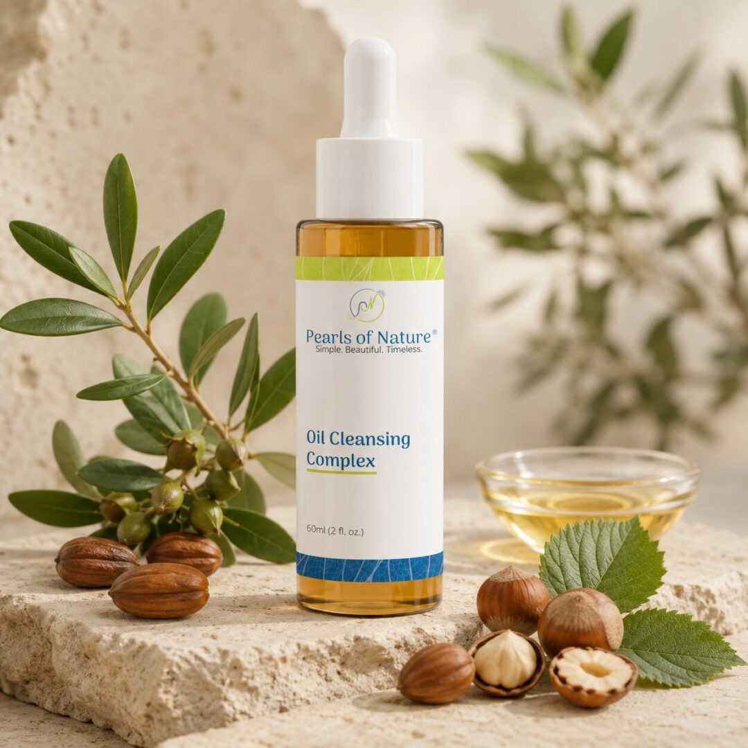 Pearls of Nature Oil Cleansing Complex with hazelnuts, olive leaves, and botanical oils
