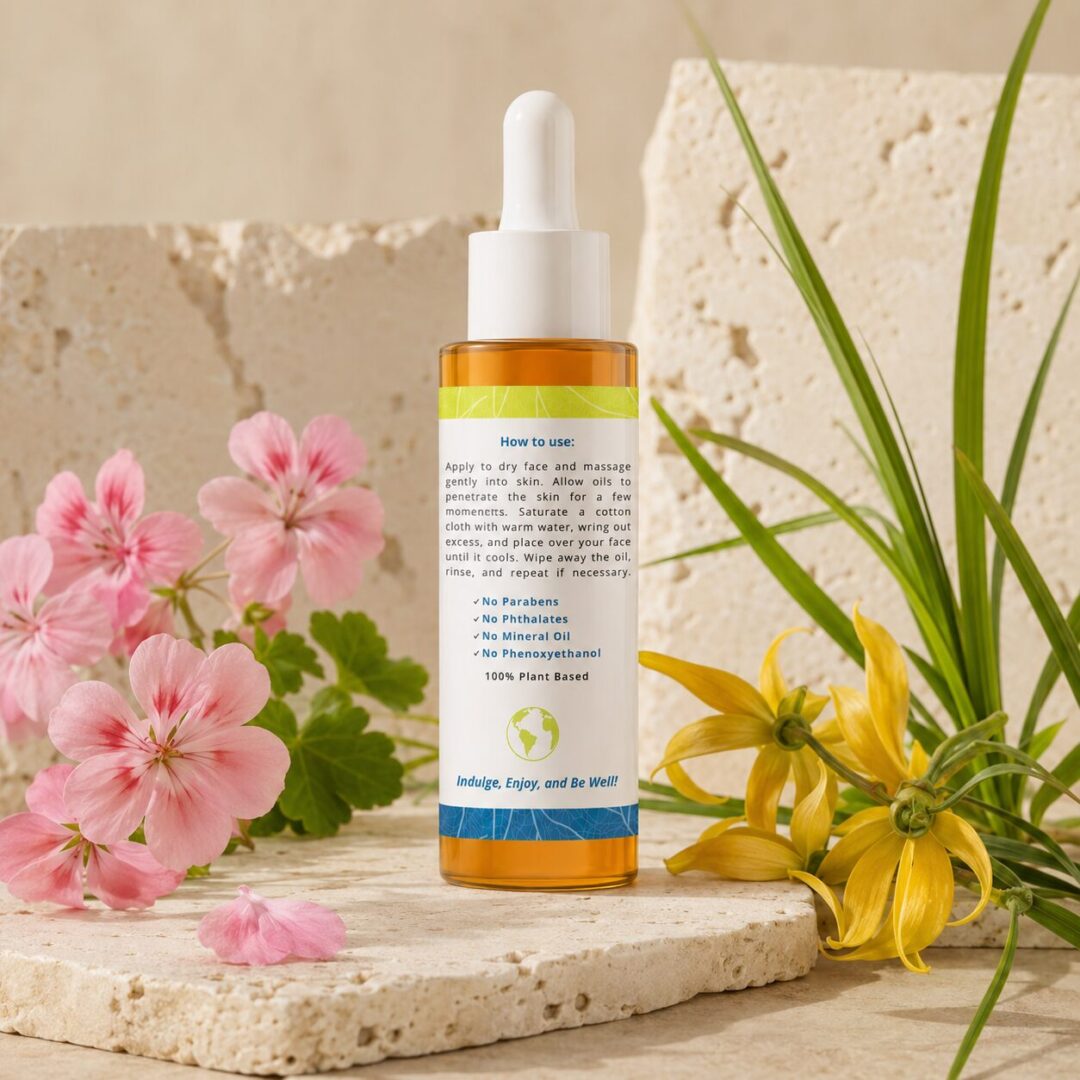 How-to-use panel of Pearls of Nature Oil Cleansing Complex with pink geranium and yellow ylang ylang flowers