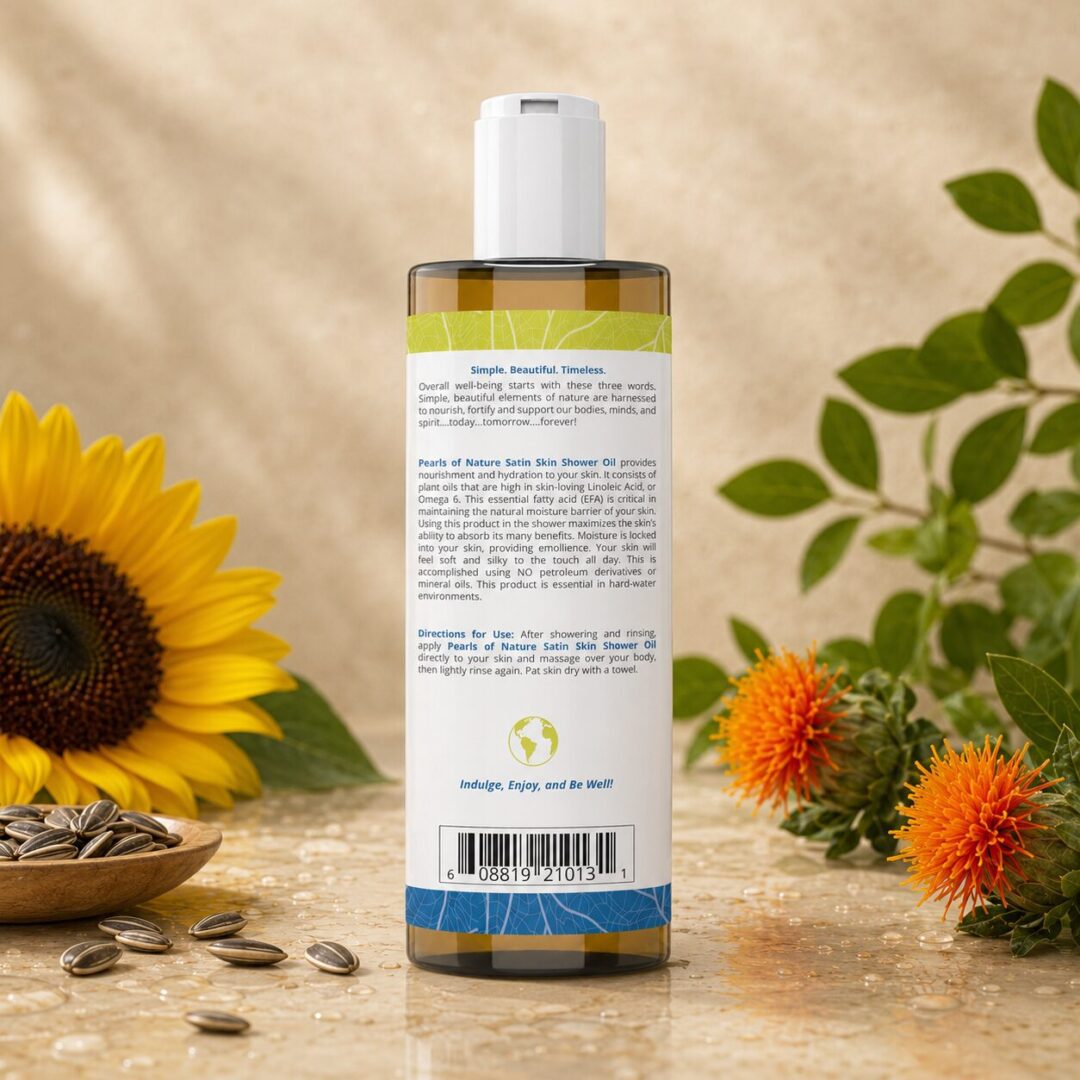 Back label of Pearls of Nature Satin Skin Shower Oil with sunflower, sunflower seeds, and safflower blossoms