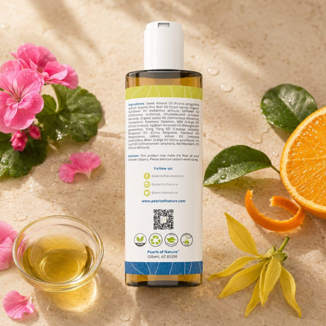 Ingredients label of Pearls of Nature Satin Skin Shower Oil with pink geranium, orange, ylang ylang, and golden oil