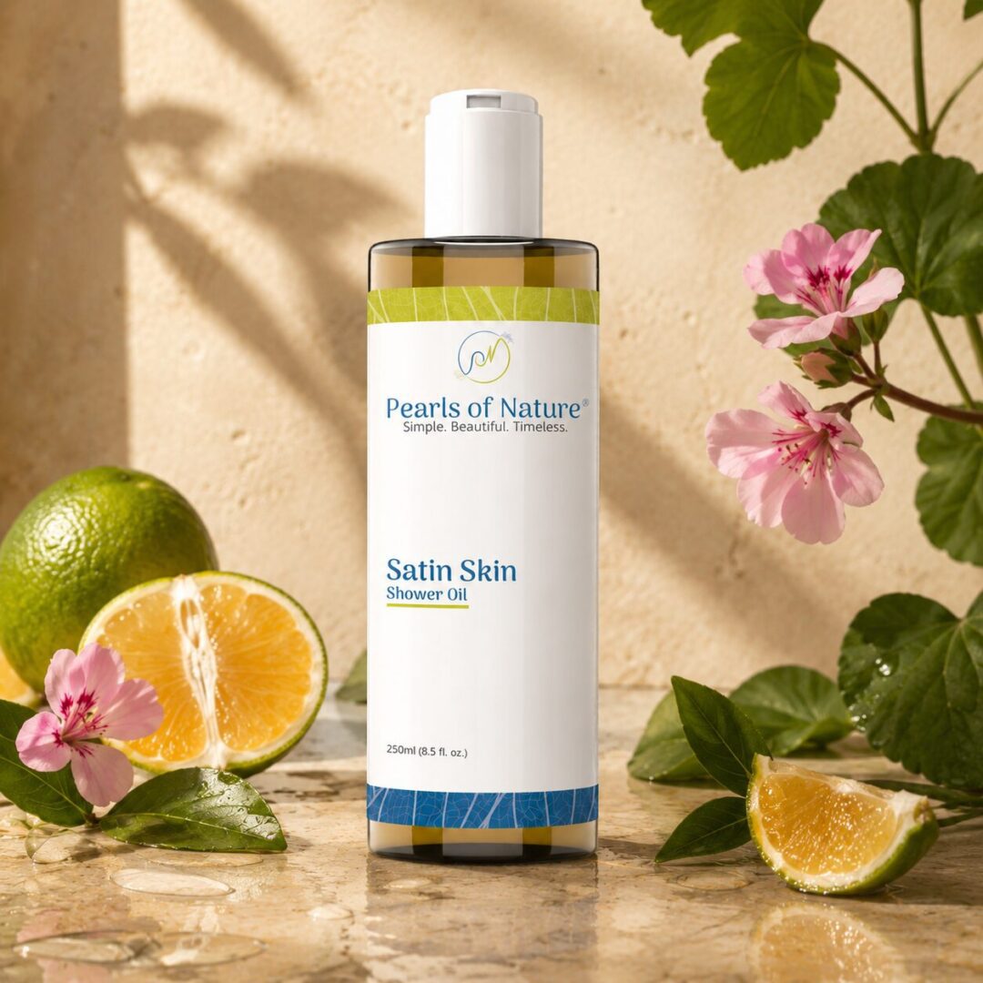 Pearls of Nature Satin Skin Shower Oil with lime slices and pink geranium flowers