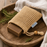 Pearls of Nature sisal soap saver sack holding a brown soap bar on a wooden tray with rosemary and a linen towel.