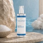 Pearls of Nature Zechstein Magnesium Gel on a stone platform beside white crystals and rippling blue water.
