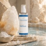 Pearls of Nature Zechstein Magnesium Oil bottle beside a translucent mineral crystal with pale blue water and warm stone.