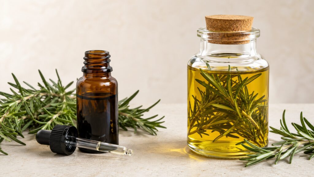 Rosemary essential oil and rosemary-infused carrier oil displayed in separate glass containers.
