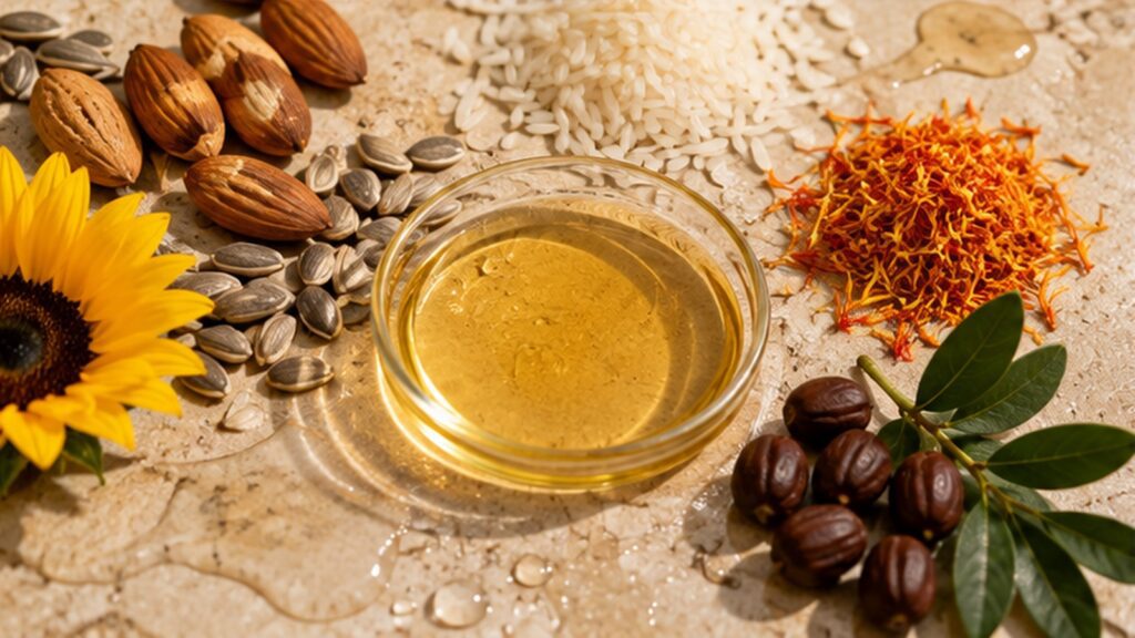Botanical oils and plant ingredients arranged beside golden body oil on wet stone.