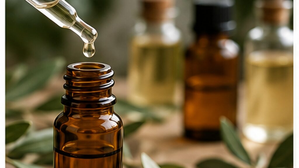 Essential oil drop beside a larger carrier oil base