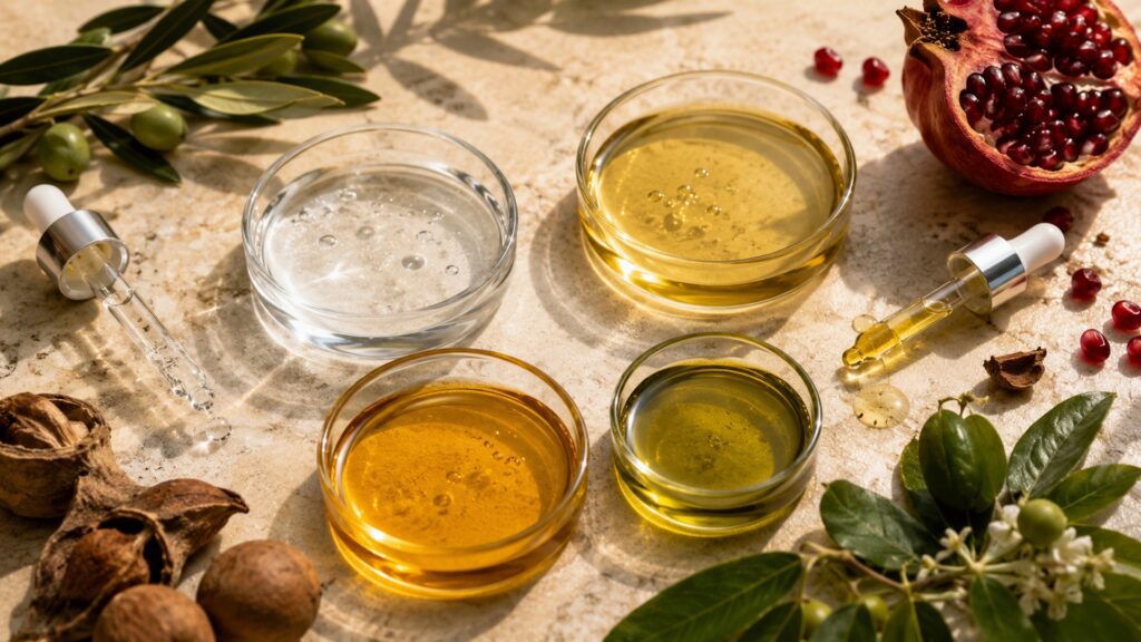 Four facial oils with clear, golden, velvety, and green-gold appearances.