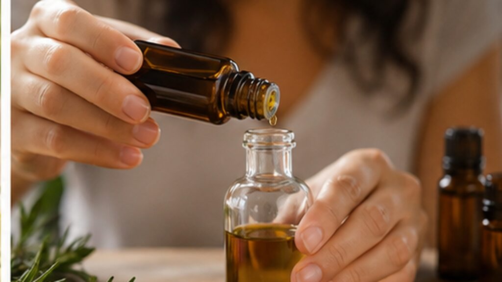 Graduated pipette measuring essential oil into a carrier blend