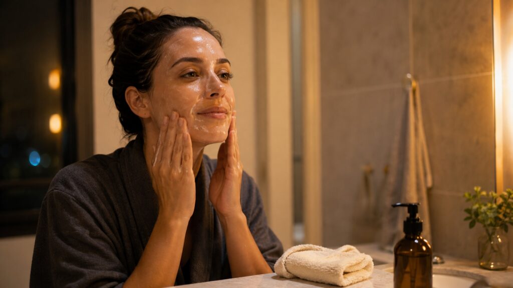 Woman massaging cleansing oil onto dry facial skin with a warm washcloth nearby.