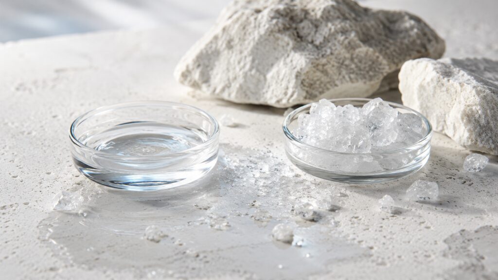 Clear mineral brine and translucent magnesium-like crystals displayed on pale stone