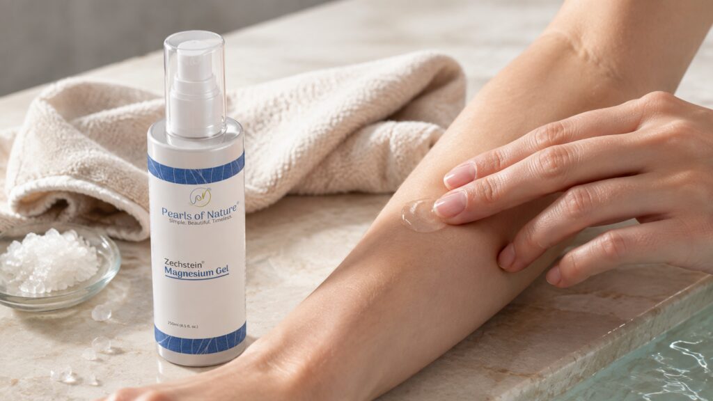 Pearls of Nature Zechstein Magnesium Gel being applied in a small amount to healthy intact forearm skin.