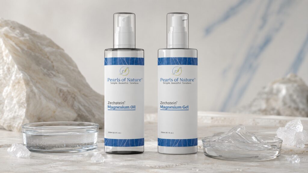 Pearls of Nature Zechstein Magnesium Oil and Magnesium Gel shown with clear brine and gel textures.