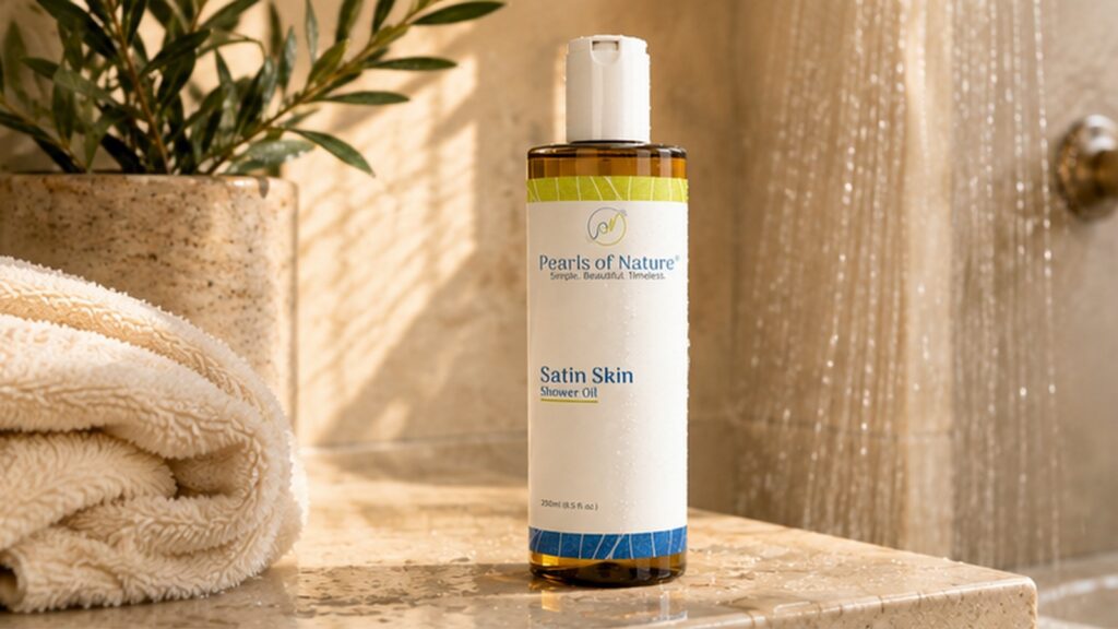 llustrated with Pearls of Nature Satin Skin Shower Oil in a warm shower setting.
