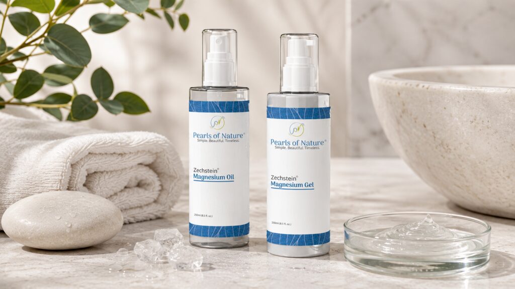 Mineral body-care setting illustrating topical magnesium textures and application formats