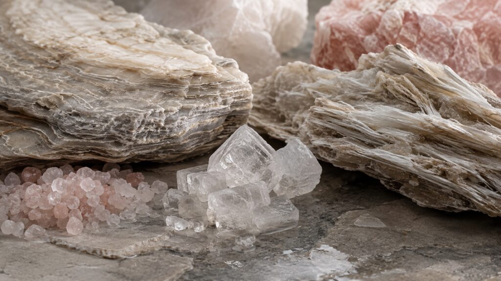 Layered evaporite minerals and translucent crystals representing Zechstein geological provenance