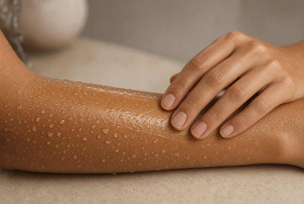 Body oil being gently smoothed over damp skin after showering.