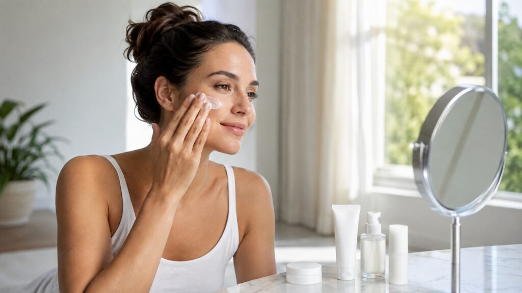 Woman applying sunscreen as the final step of a simple morning skincare routine.