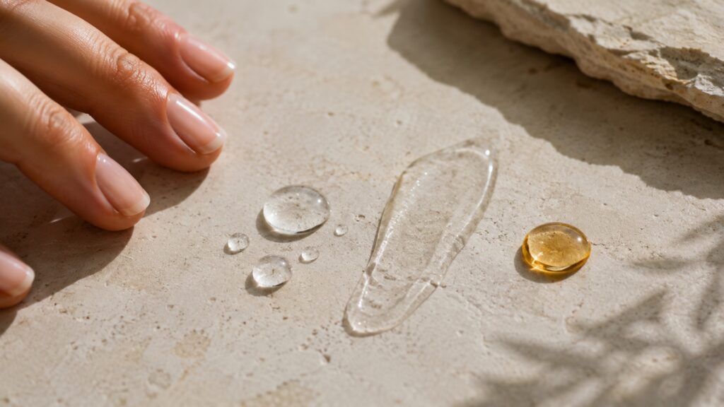 Water-based gel and facial oil textures shown separately on pale stone.
