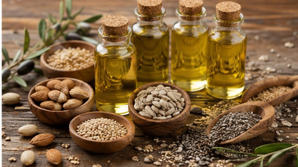 Olive, baobab, and pomegranate carrier oils with their botanical sources
