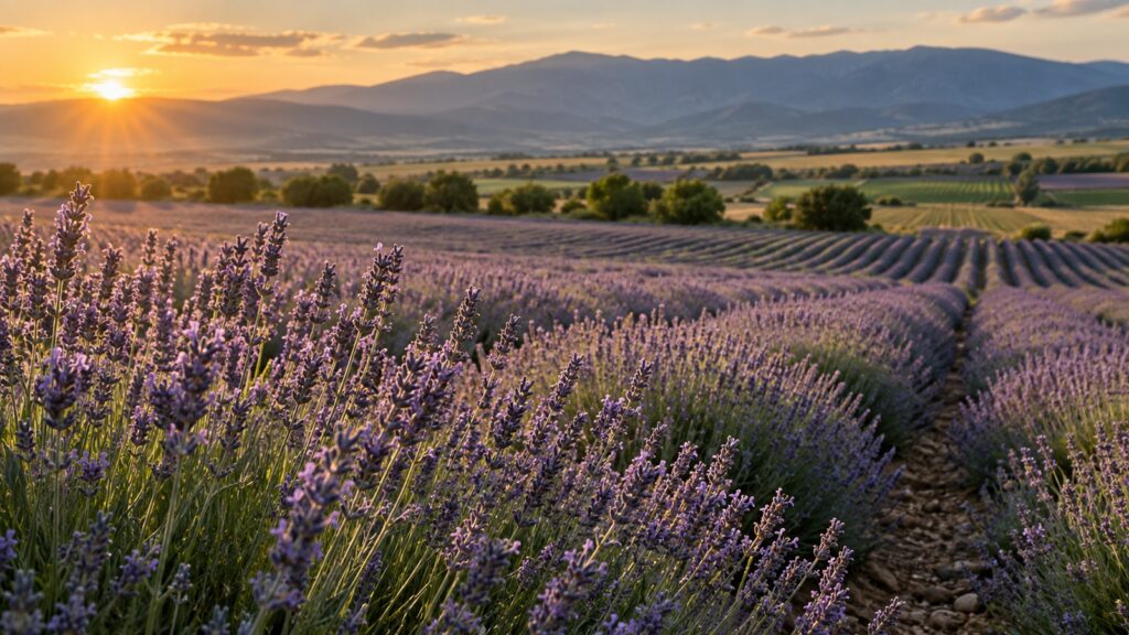 Lavender field in Bulgaria under warm evening light