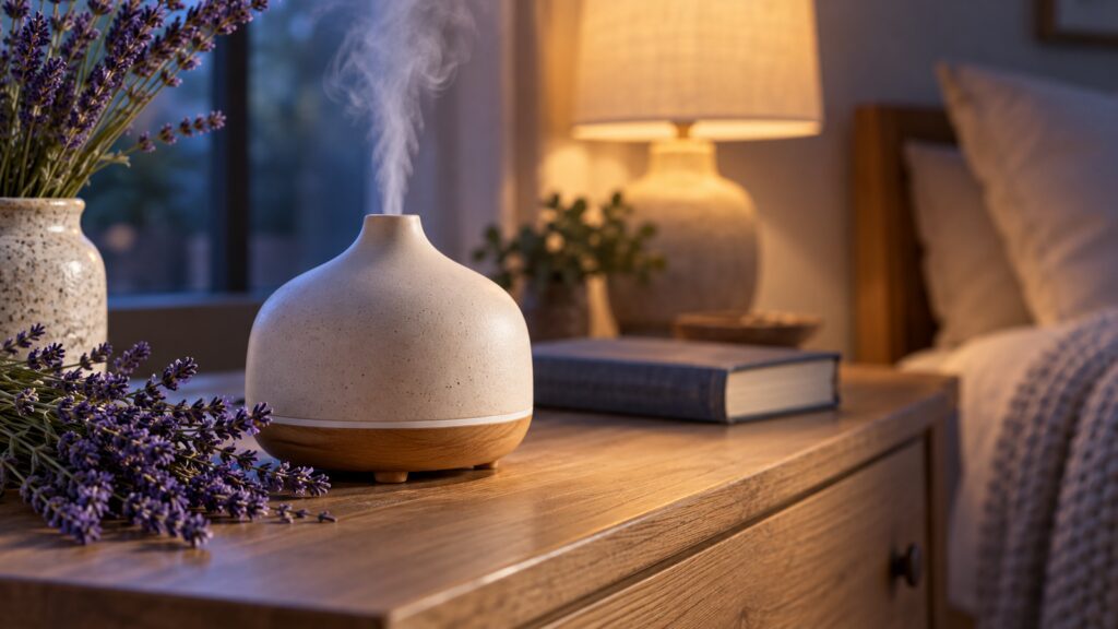 Ceramic diffuser with lavender and an unbranded amber oil bottle at bedtime