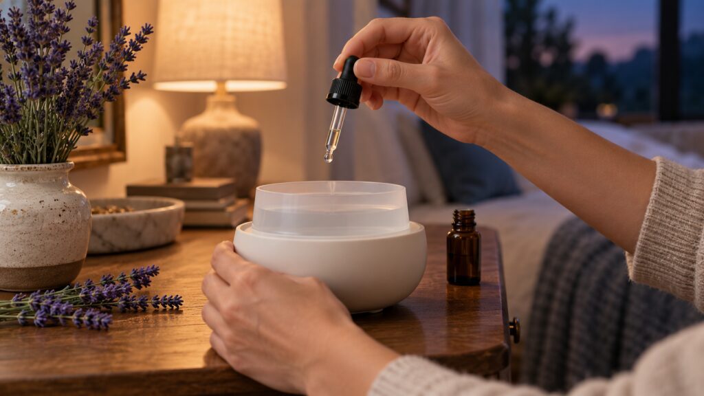 Adult carefully adding a measured drop of lavender oil to a diffuser