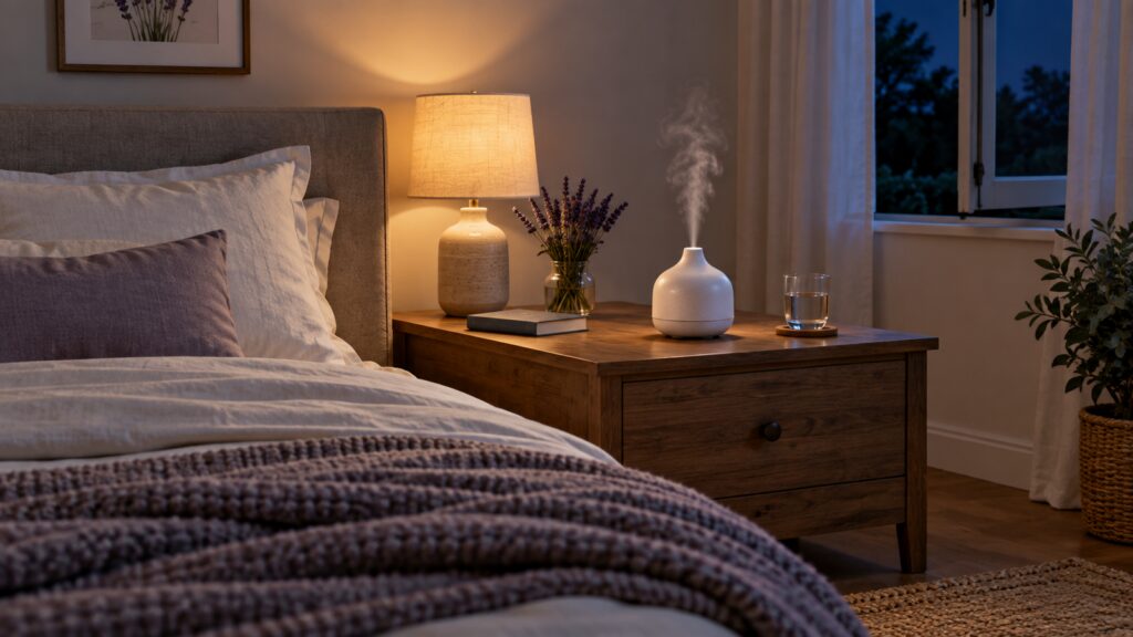 Stable bedside diffuser setup with lavender, water, and a closed book