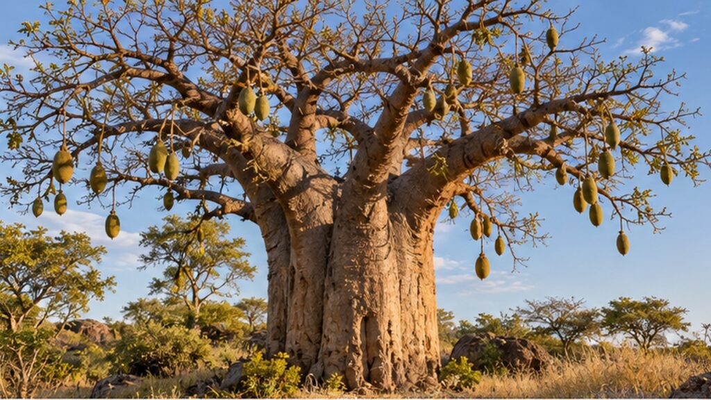 Mature African baobab tree with an enormous textured trunk, spreading branches, and numerous oval fruits hanging beneath a blue sky.