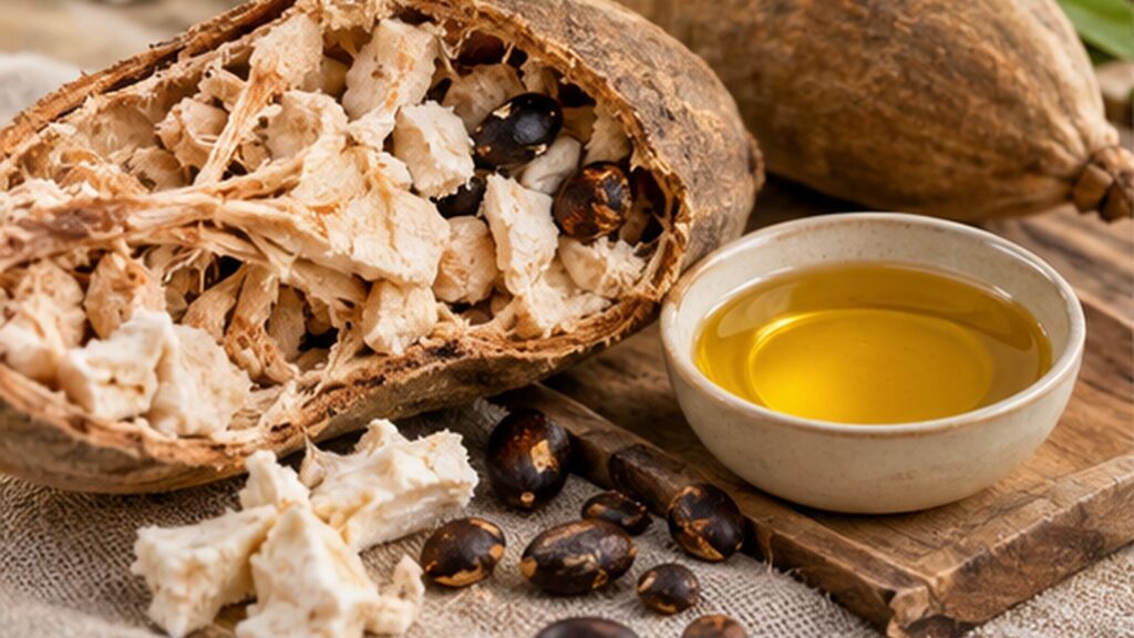 Split baobab fruit exposing its dry, pale pulp and dark seeds, arranged beside loose seeds and a ceramic bowl of golden baobab oil.