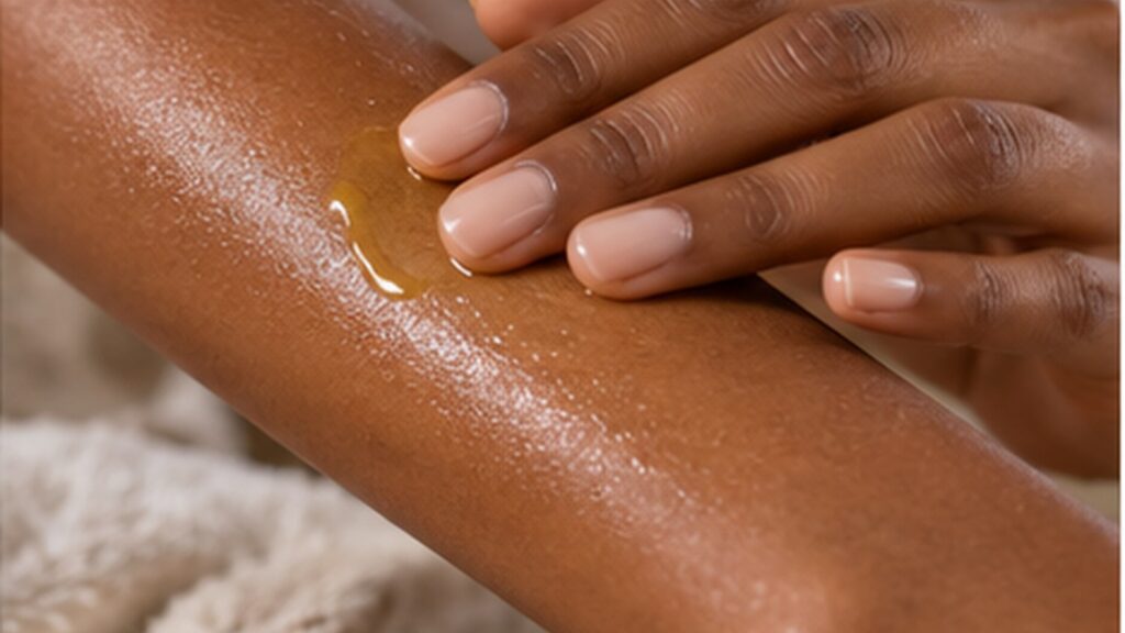 Close-up of a hand gently spreading a drop of golden botanical oil across a forearm, leaving the skin with a smooth, luminous finish.