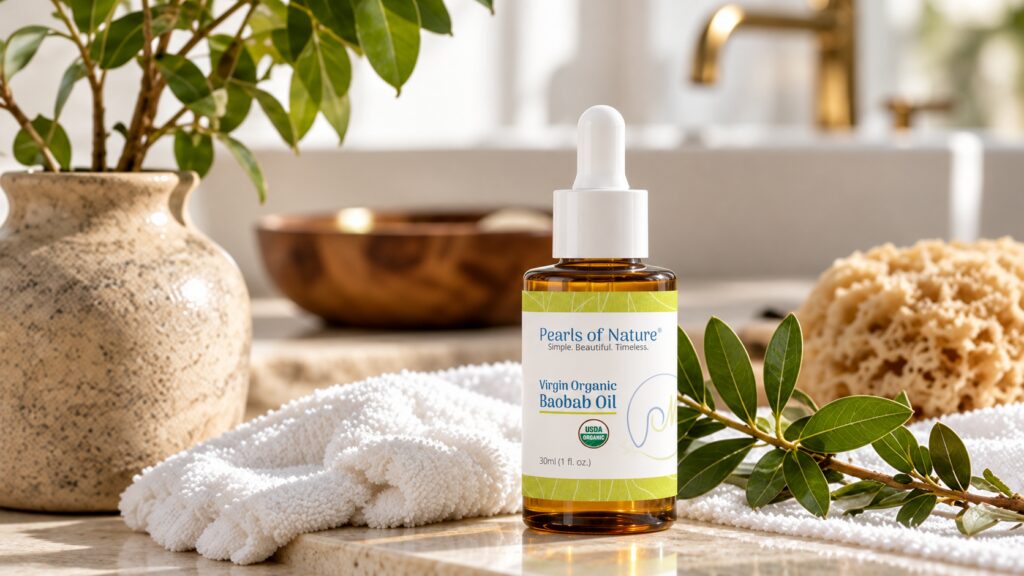 Pearls of Nature Virgin Organic Baobab Oil in a glass dropper bottle beside fresh greenery and white towels in a natural skincare setting.