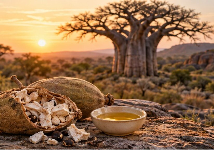 Opened African baobab fruit and a bowl of golden seed oil on a rock, with a majestic baobab tree silhouetted against a warm sunset.