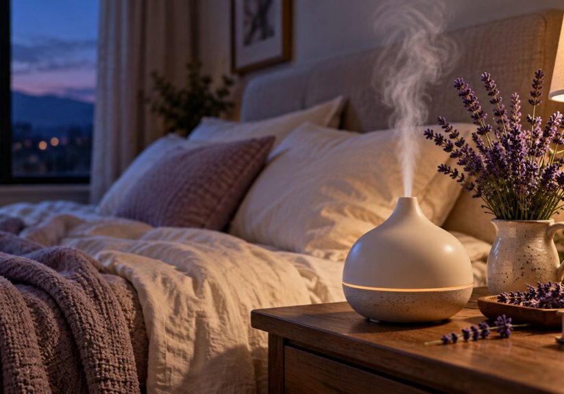 Lavender essential oil for sleep beside a diffuser in a calm evening bedroom