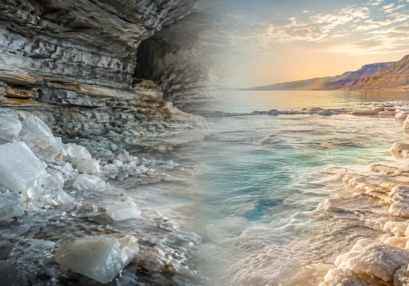 Zechstein vs Dead Sea magnesium chloride shown through underground mineral deposits and a salt-rich shoreline
